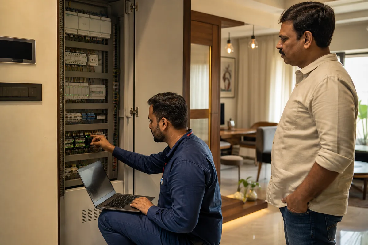 Indian automation technician configuring a smart electrical control system