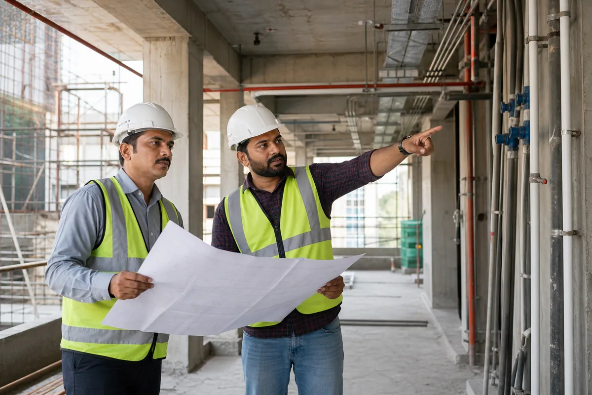 Indian civil and MEP engineers coordinating at a construction site