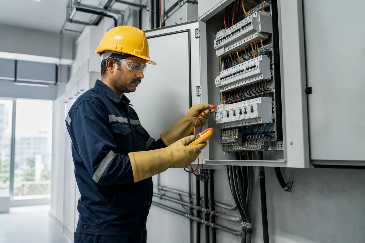 Indian electrician safely inspecting an electrical distribution panel