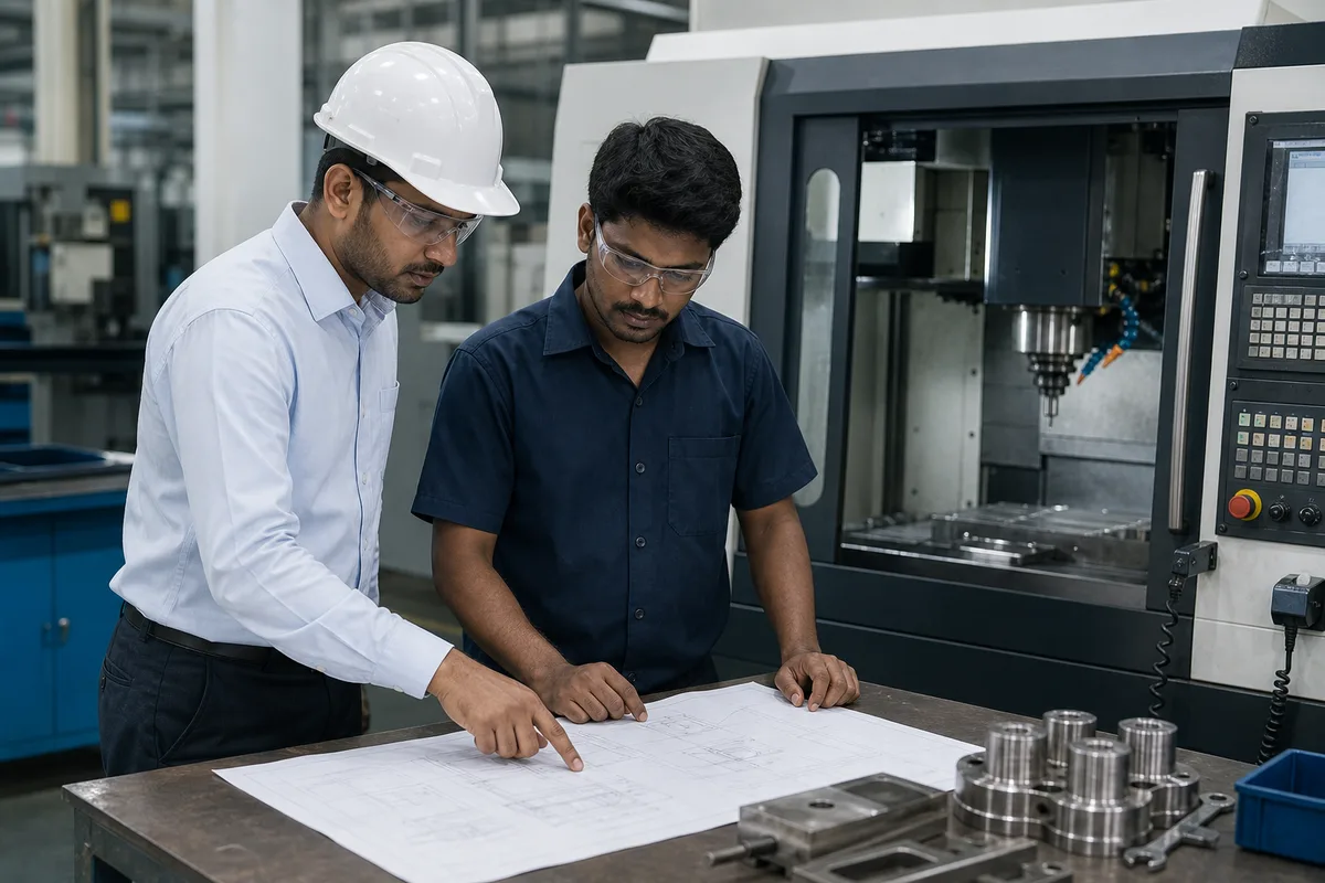 Indian mechanical engineers reviewing machine design work