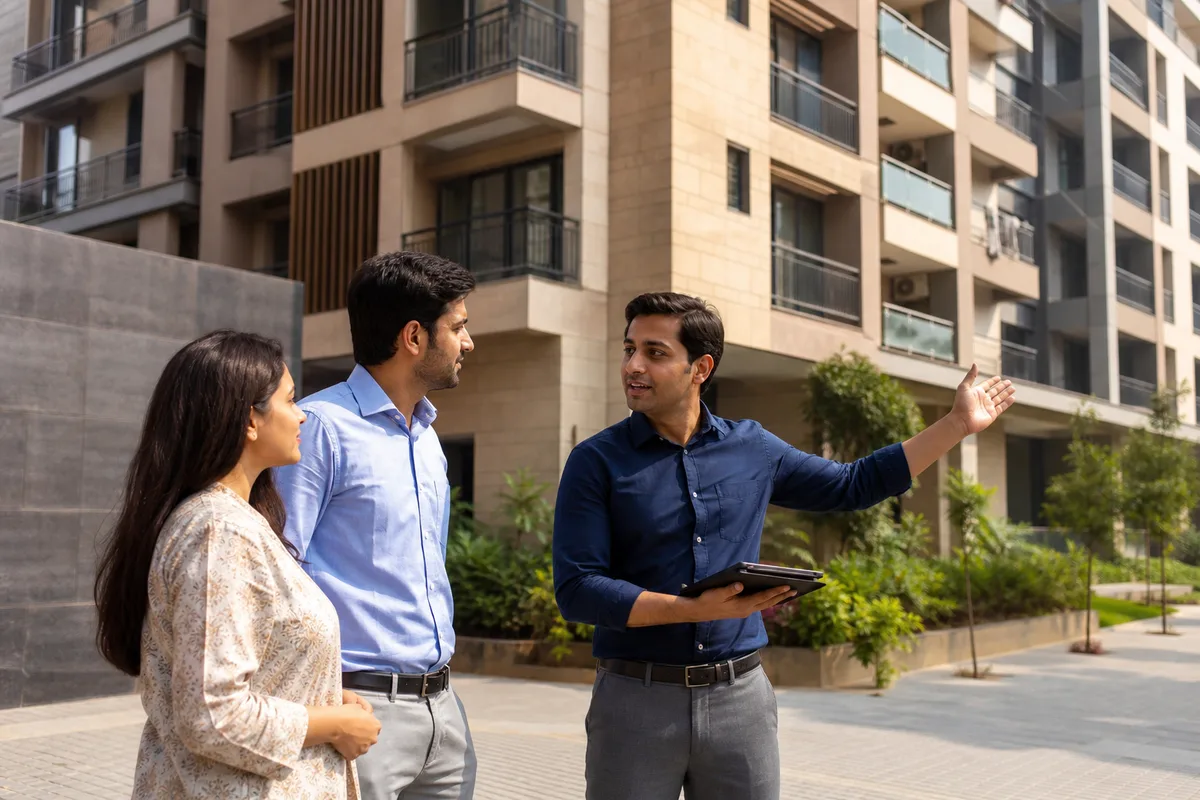 Indian property consultant discussing a residential project with clients