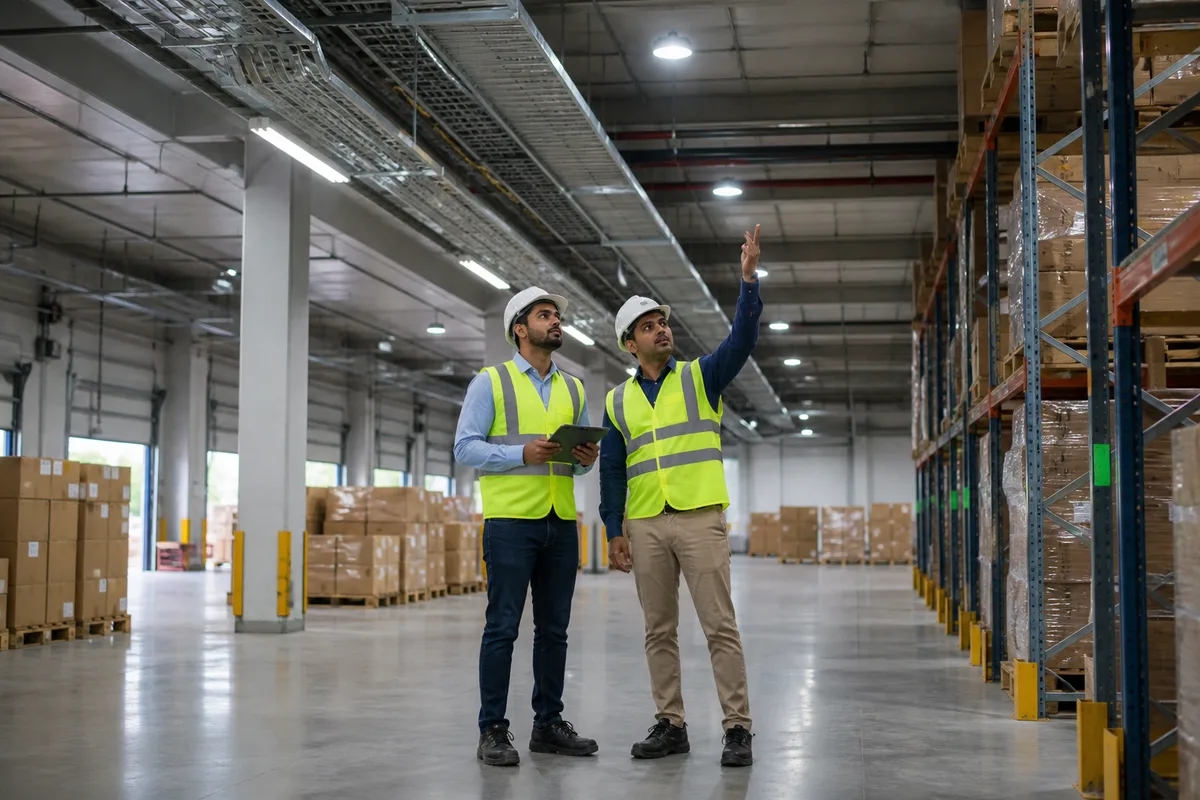 Electrical professionals inspecting an Indian warehouse installation